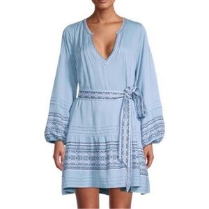 Roller Rabbit Nydia Blue Crosshatch Embroidered Puff Sleeve V Neck Dress Small